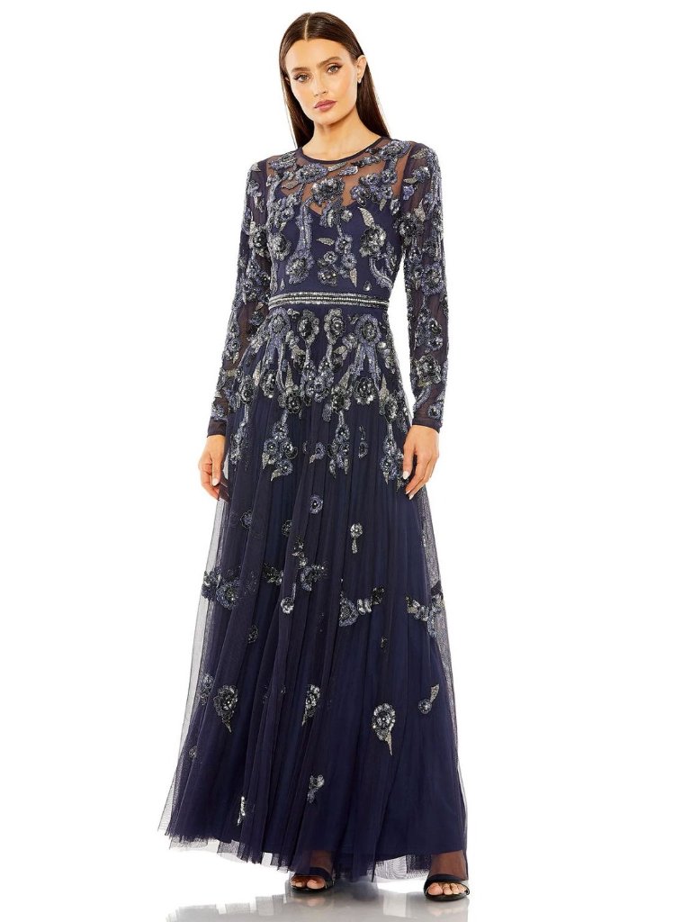 Mac Duggal 10013 Long Sleeve Floral Beaded Embellished Maxi Dress Size 8 Navy